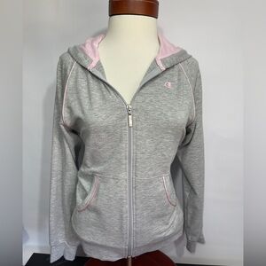 Champion Y2K Pink-Trim Zip Hoodie Cozy Light‎ Grey